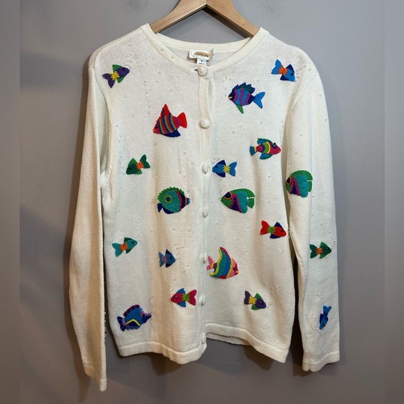 Talbots Sweaters - Vintage 90’s Talbots Colorful Fish Cardigan Knit Sweater Size Medium